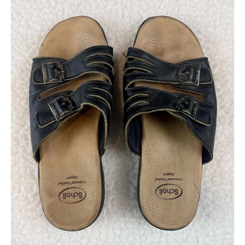 DR. SCHOLL’S • Black/Tan Strappy Buckle Slip-On Sandals, 4 - Picture 3 of 14